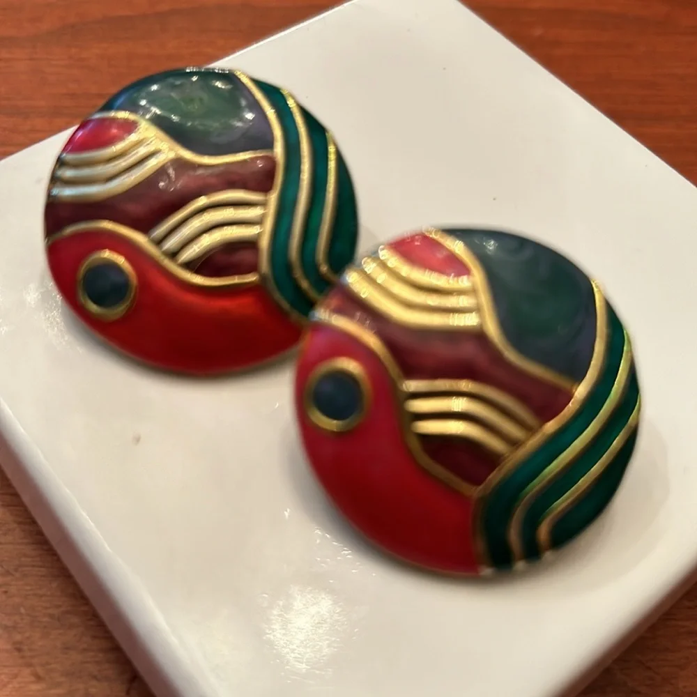 Vintage earrings enamel clip abstract green brown gold red button style bold
